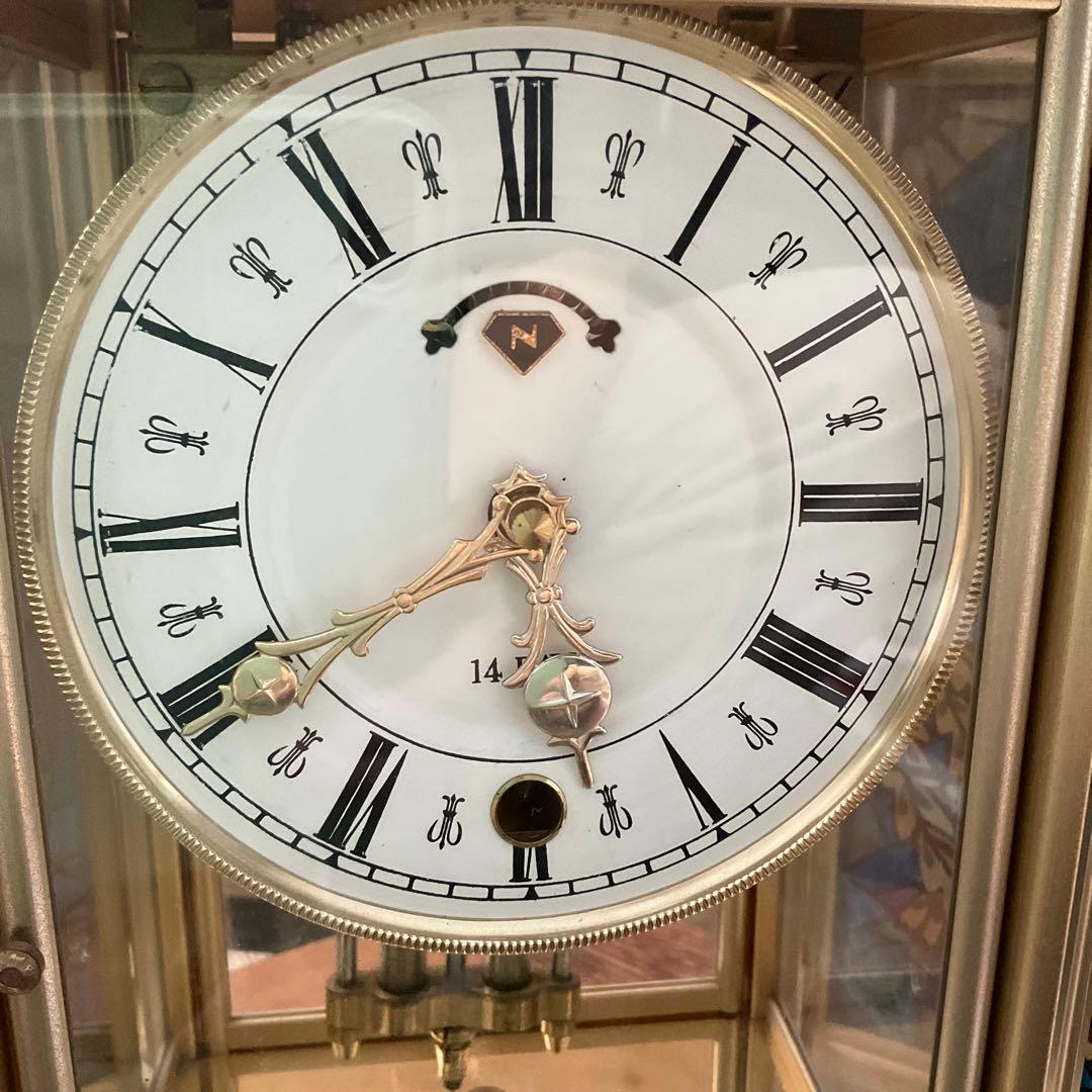 日本美術時計 Nマーク ステンドグラス風　ゼンマイ振り子式置時計 4面ガラス