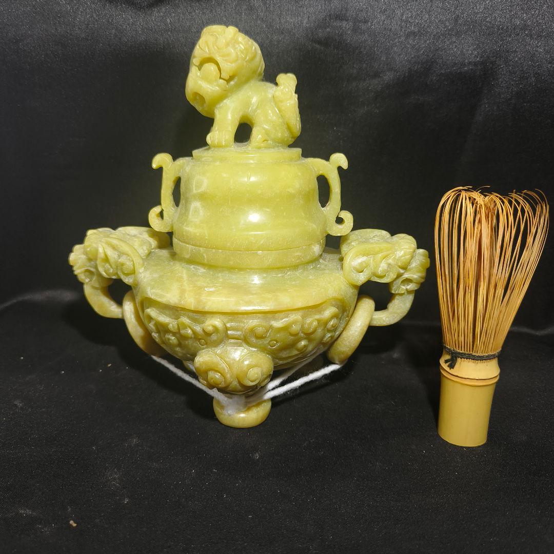中国骨董 獅子摘み岫玉香炉 翡翠 天然石 手彫り置物 開運風水グッズ 香具古美術