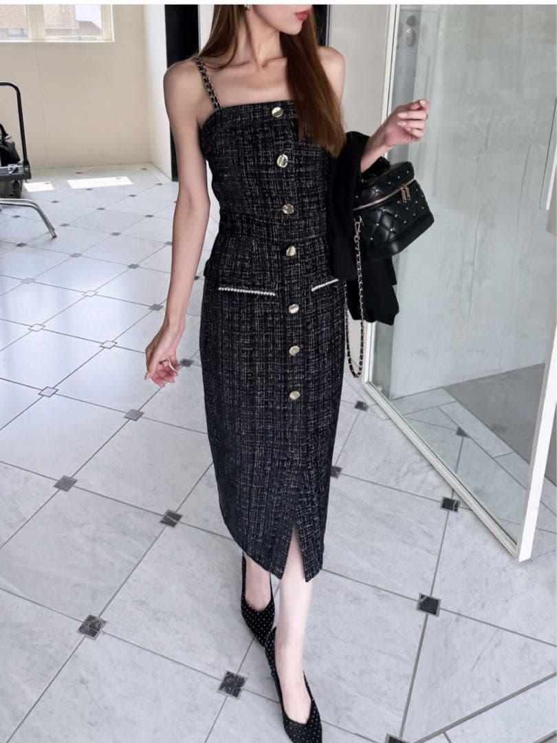 ダブルチェーンストラップツイードワンピース