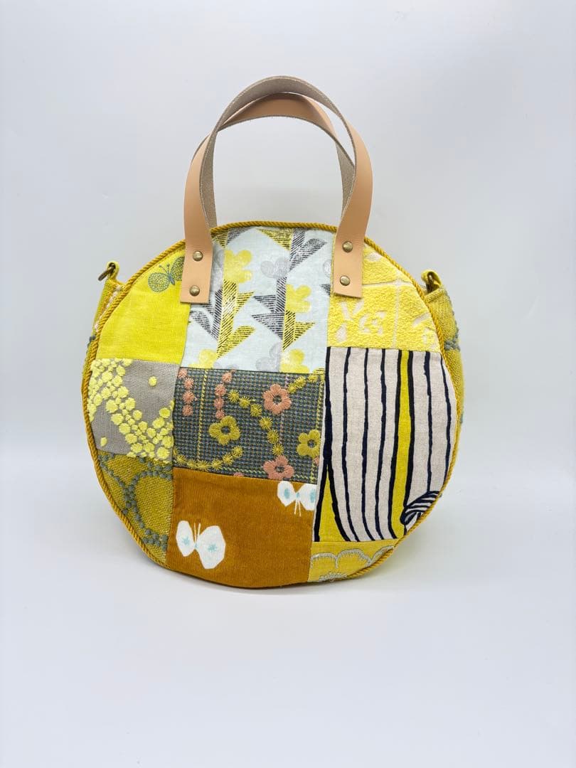 ミナペルホネン、ハンドメイド、 イエローパッチワーク、サークル トートバッグ