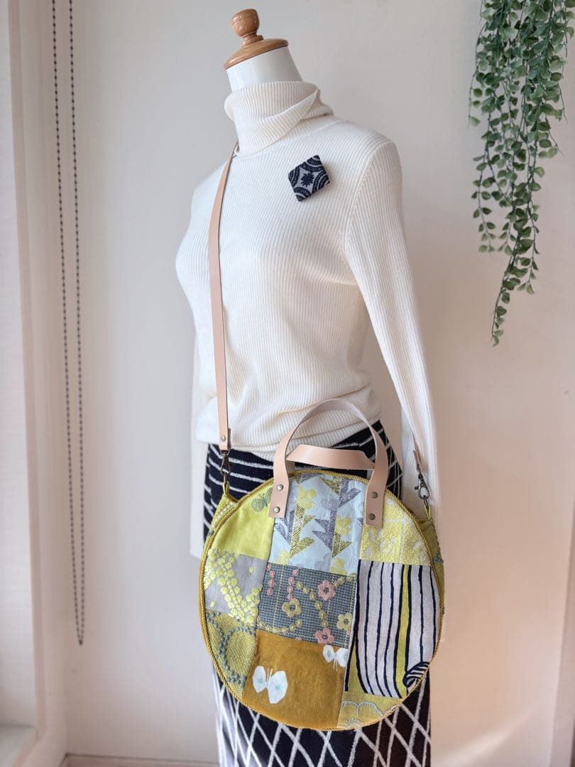 ミナペルホネン、ハンドメイド、 イエローパッチワーク、サークル トートバッグ