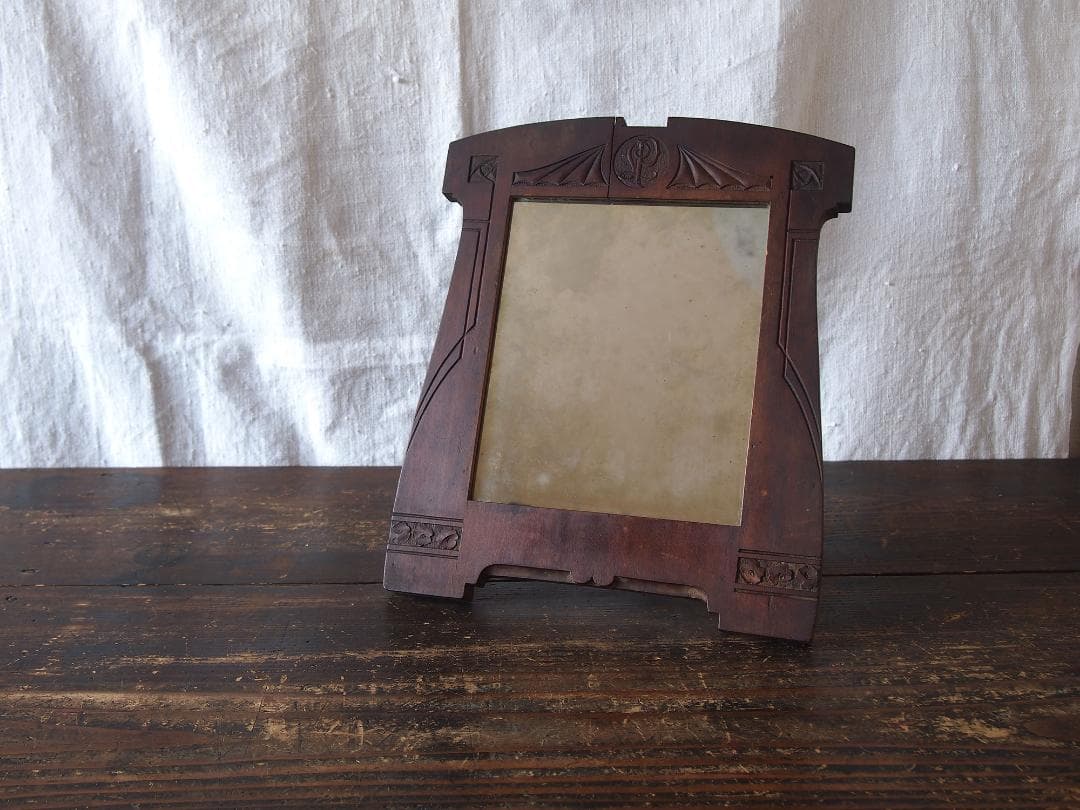 木製フレームの古い鏡 アールデコ 高31cm#家具 工藝/K398