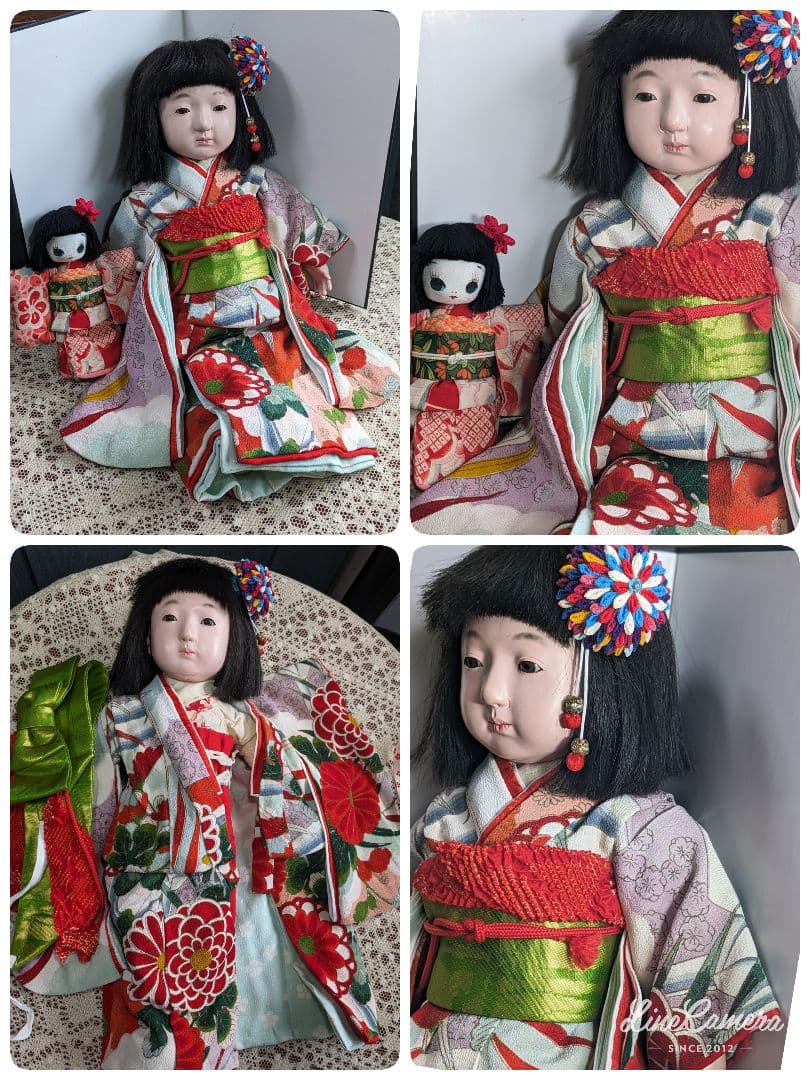 市松人形　銘有り春水 42cm位 難あり顔にライン状の極細いひび割れ　昭和初期