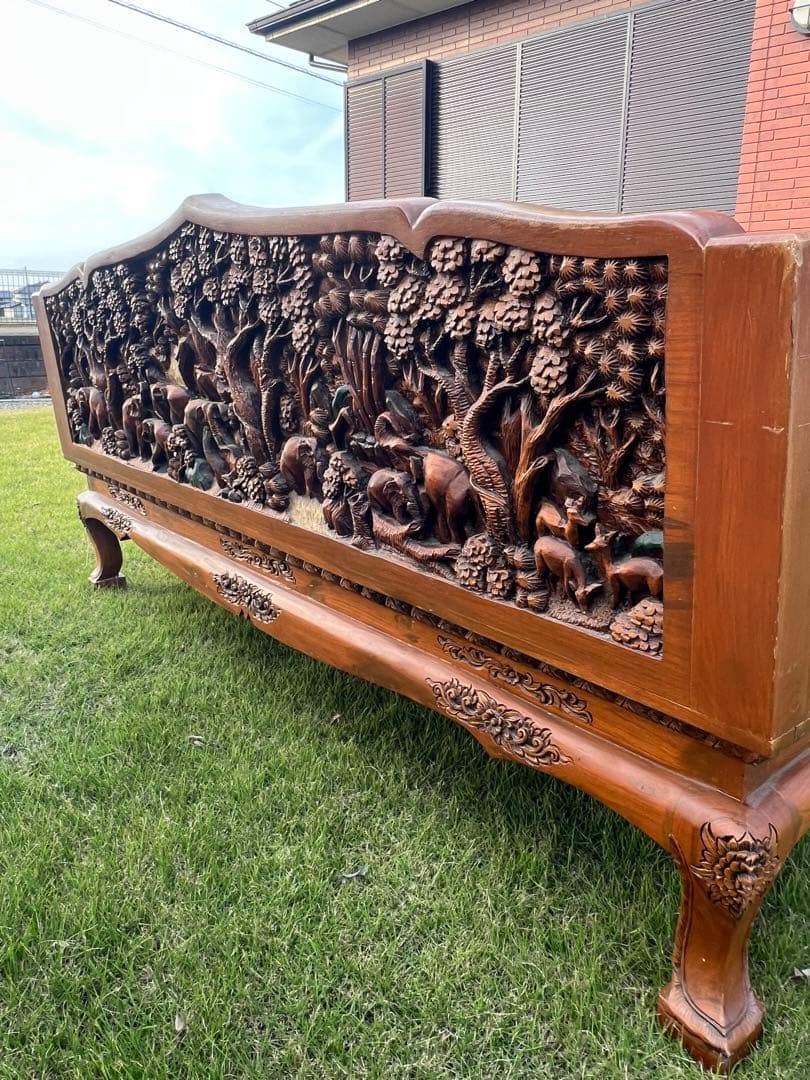 アジアンスタイル 木製ソファ 彫刻入り