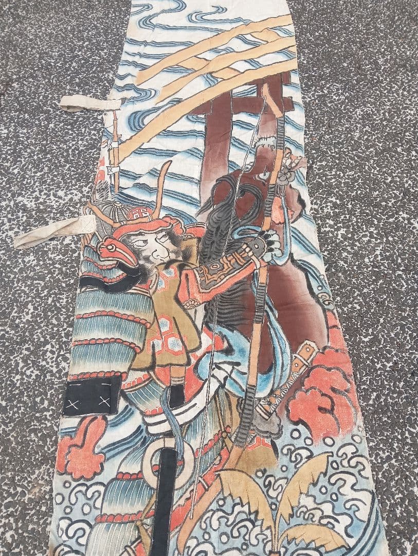 武者絵 兜武者 馬 手描き のぼり旗 木綿 リメイク 古布 古裂 　明治