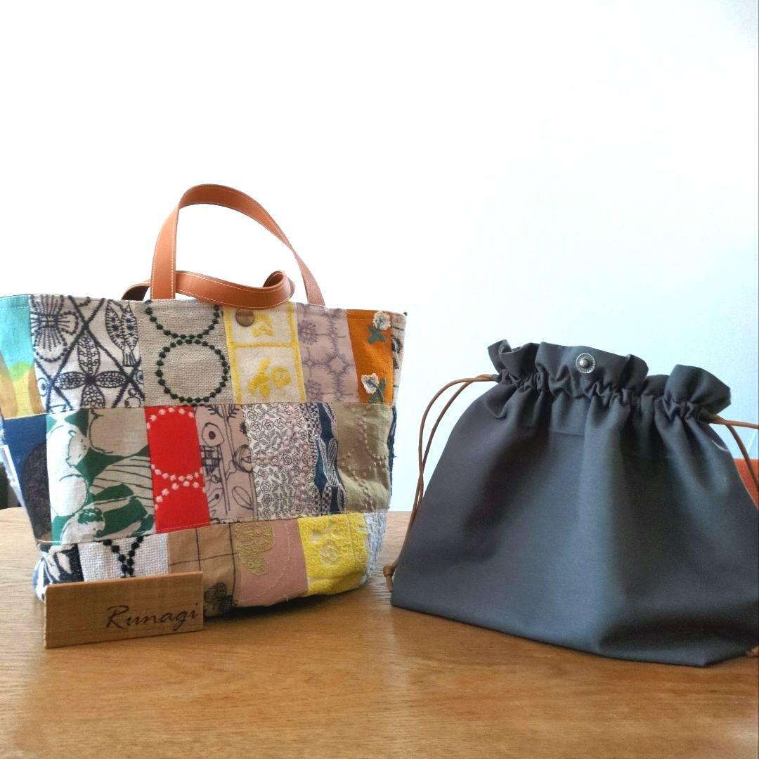 モザイクパッチの巾着付きバケツバッグ＊ミナペルホネン