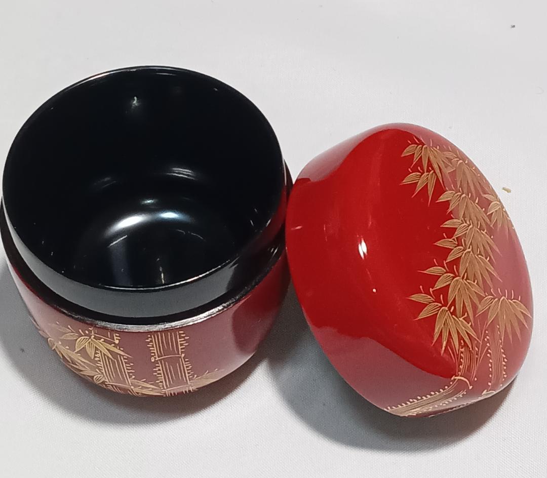 茶道具　伝統工芸加賀漆芸　朱漆塗沈金細工棗　朱漆塗沈金彫竹林文中棗　超美品！！