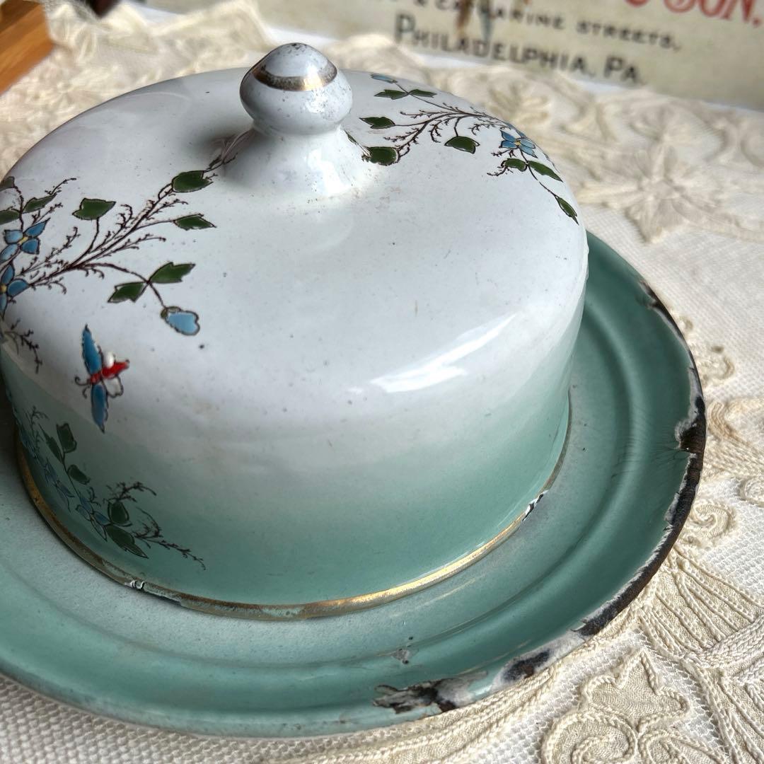 フランスアンティーク　手描きホーローバターポット