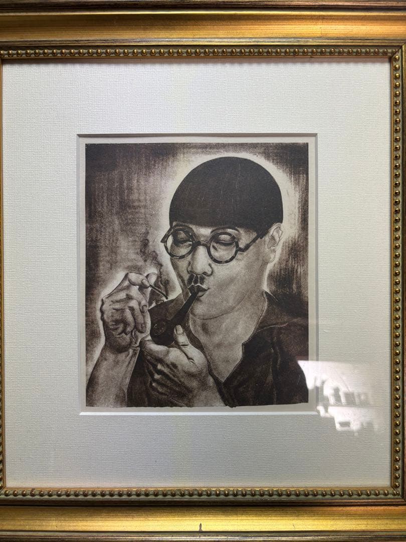 藤田嗣治　レオナールドフジタ 喫煙する自画像のリトグラフ