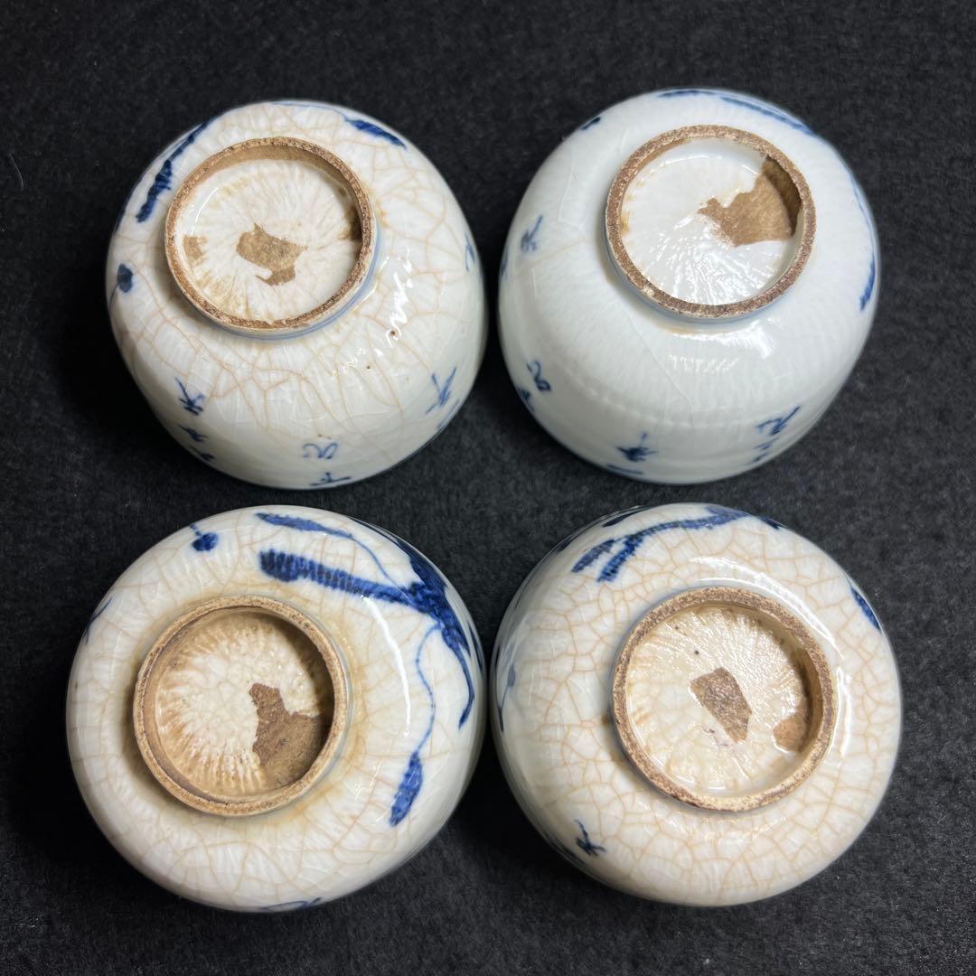 中国明時代　南京古染付煎茶碗4客　共箱　口径約7㎝東Y7-1212☆2Fタエチ