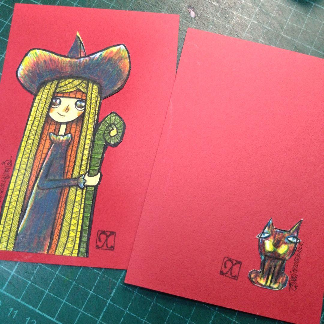 【ザビちゃん】【原画肉筆】魔女ちゃん&黒猫にゃん師匠(２枚組)