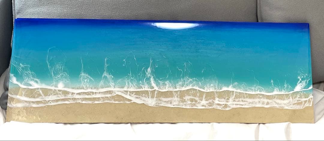 波3層　オーシャンレジン海アート　壁掛けアートロングパネル　W90㎝✖️H30㎝