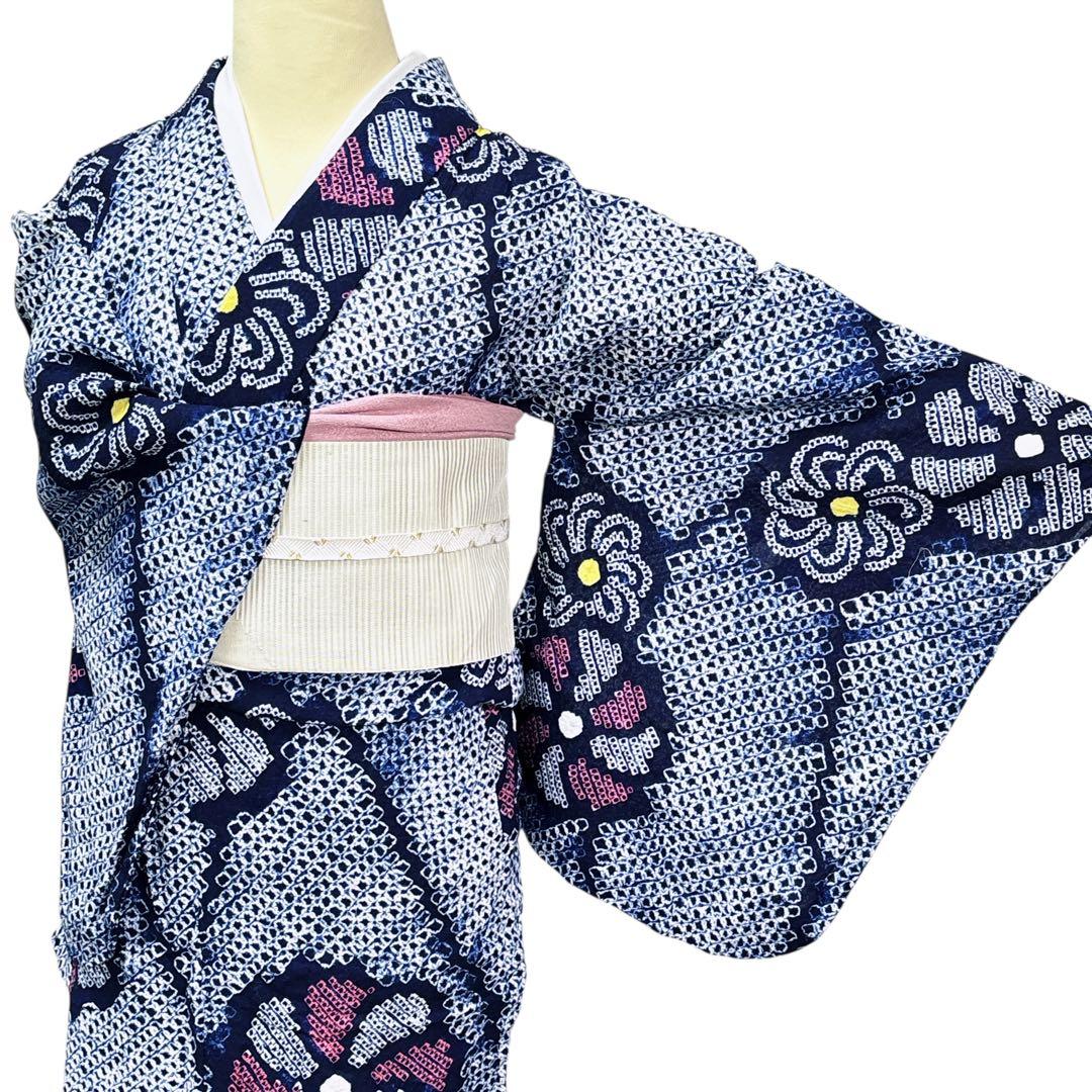 A84有松鳴海絞り 高級浴衣 花 綿　紺　美品　身丈165cm