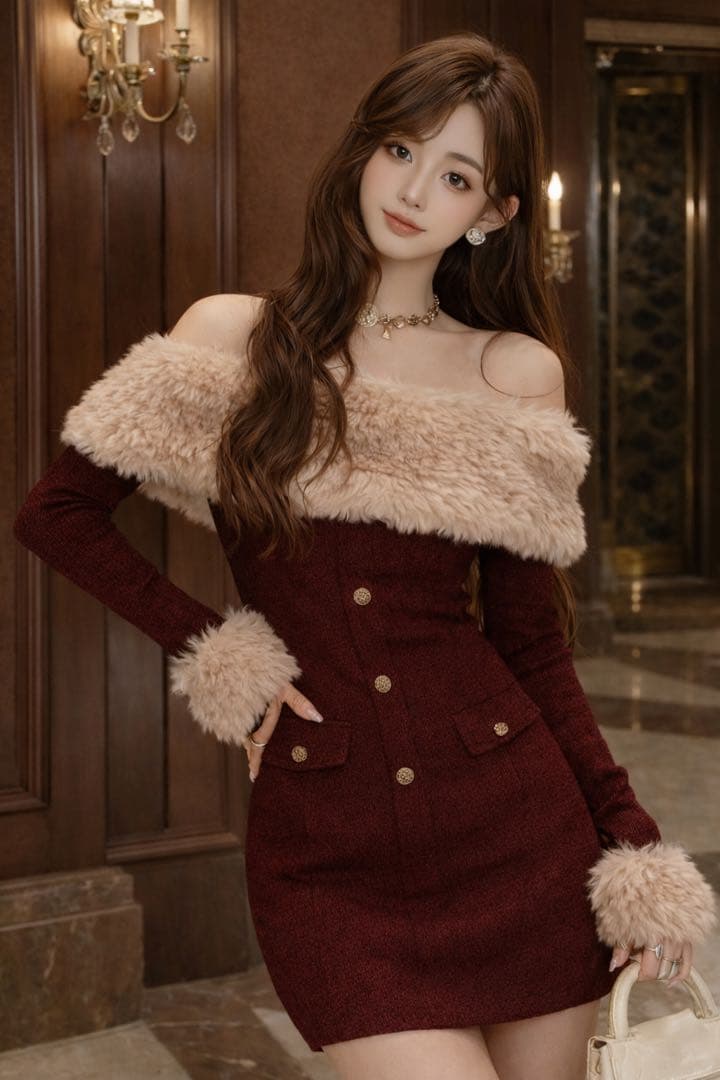 miu系穿搭 オフショル ファー ワンピース ファー 韓国 ワンホン 量産型