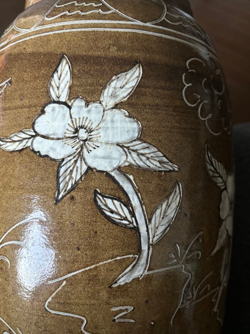 中国古美術品　遼金時代　黄釉　花鳥古文字大罐　壺