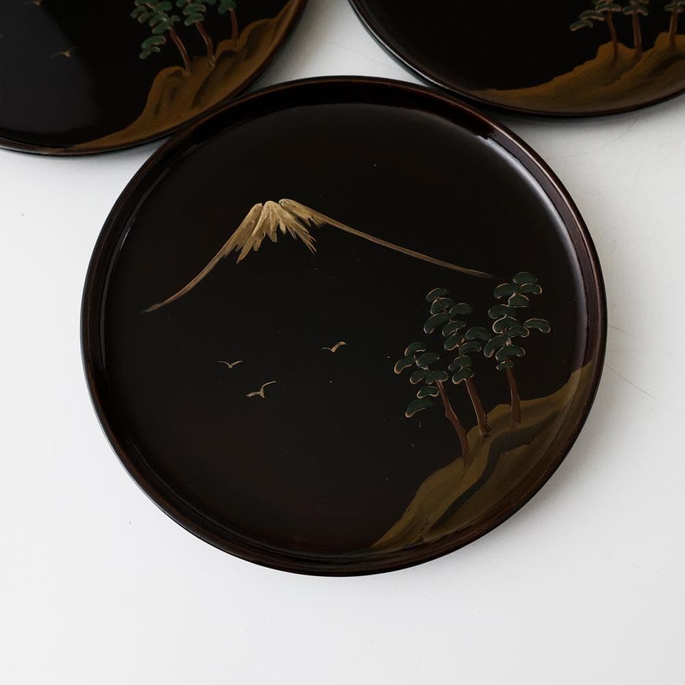 木製漆器 勇介塗 松に富士 色絵蒔絵 銘々皿 五客 共箱 茶道具 菓子器