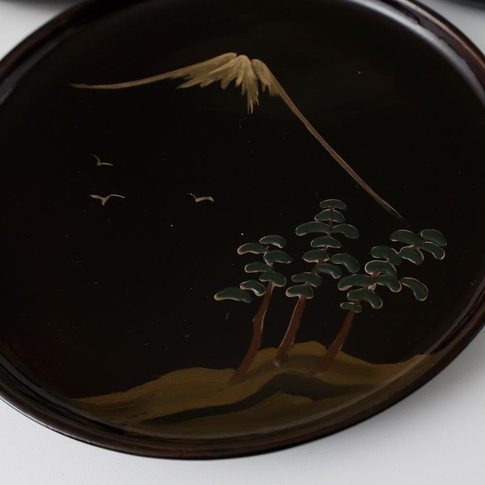 木製漆器 勇介塗 松に富士 色絵蒔絵 銘々皿 五客 共箱 茶道具 菓子器