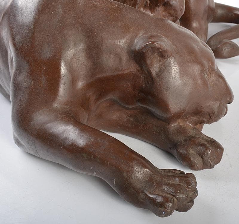 彫刻家　石崎秀峰作　ブロンズ像　夫婦獅子　重さ約17.8㎏　F R4435C