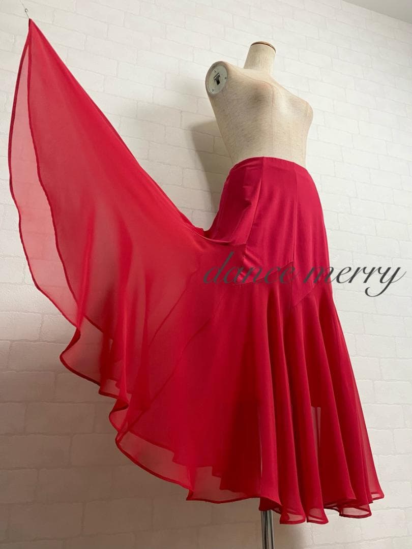 新品　社交ダンス　ミディアム丈　赤　ワルツ　レッスン　シフォン　4597