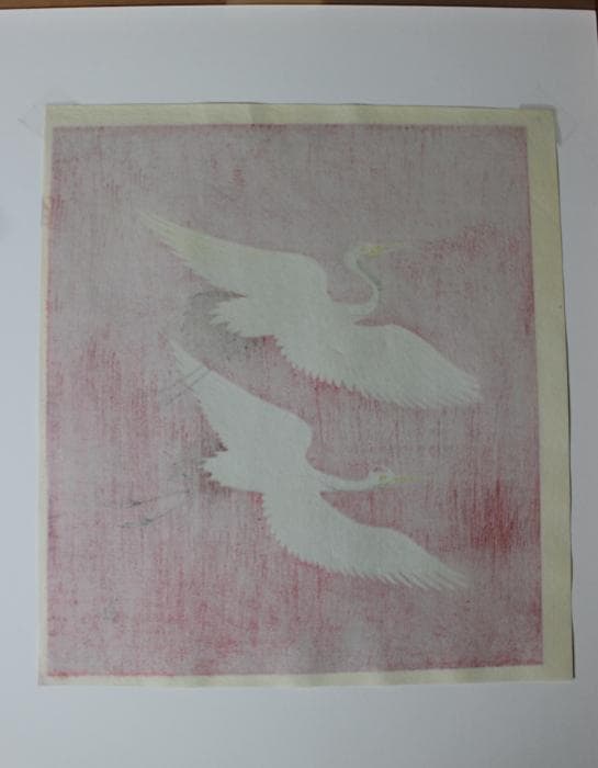 徳力富吉郎　双鶴　木版画