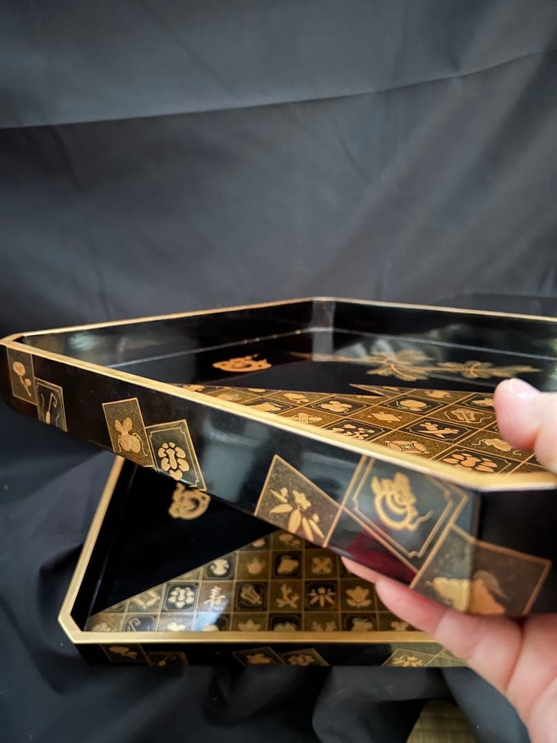 重ね盆　蒔絵　四角盆　共箱あり「福、寿」トレー お盆 和食器 レトロ お膳