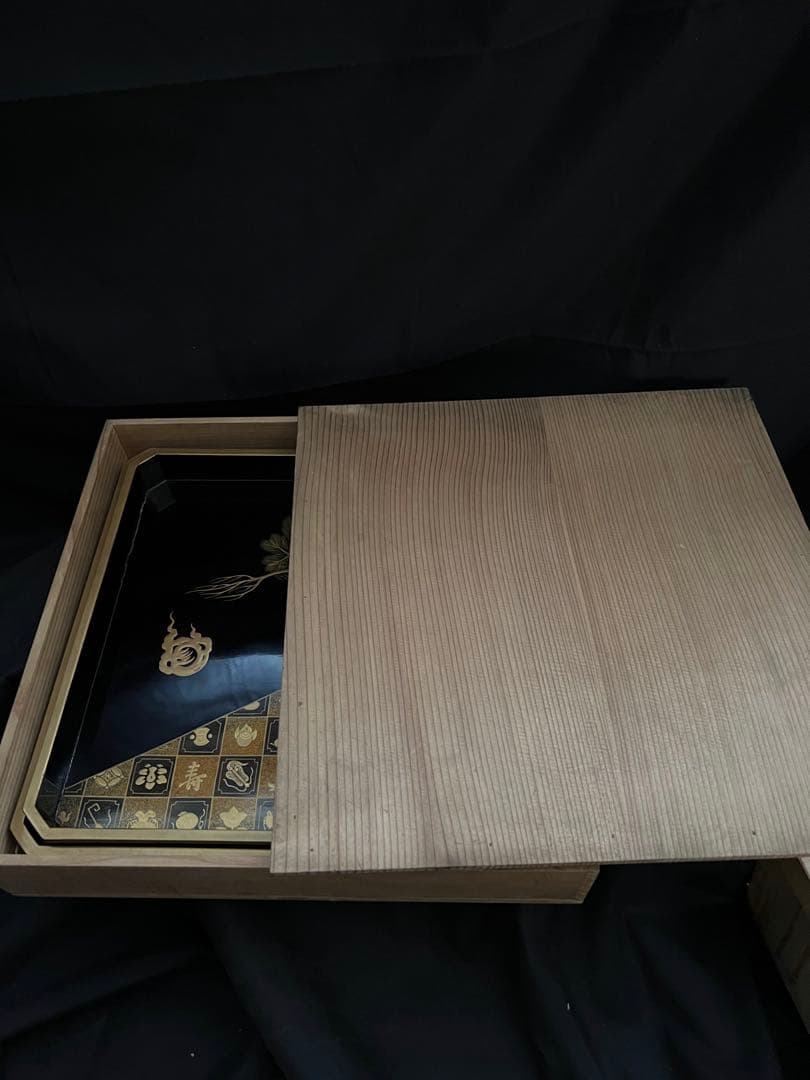 重ね盆　蒔絵　四角盆　共箱あり「福、寿」トレー お盆 和食器 レトロ お膳