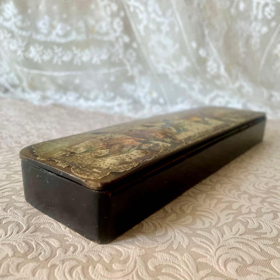 パピエマシェ小鳥柄ペンケース 筆箱　フランスアンティーク 雀　スズメ　バード