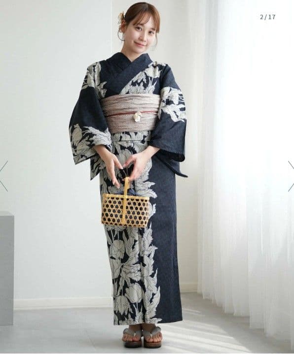 ネイビー 花柄 浴衣 帯付 セパレート 二部式浴衣3点セット