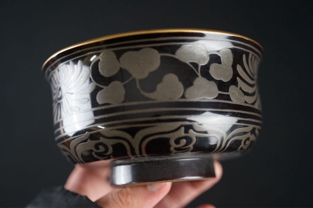 塗師 蒔絵 橘屋友七 作 時代 菊唐草 銀蒔絵 内銀地 盃洗 共箱