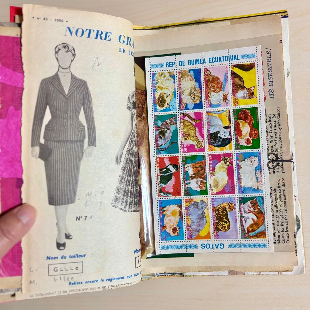 猫のジャンクジャーナル　コラージュ　おすそ分け　紙もの　ラベル　素材　絵本