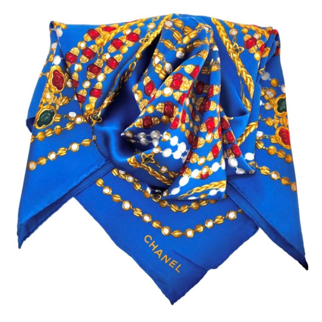 CHANEL シャネル チェーン 宝石柄 スカーフ ブルー