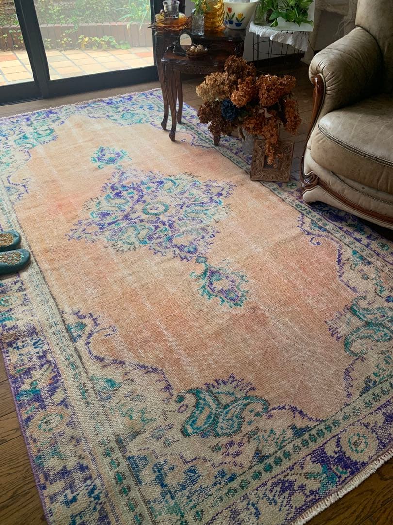 大判　トルコヴィンテージラグ　239×138 オーバーダイ　ペールオレンジ