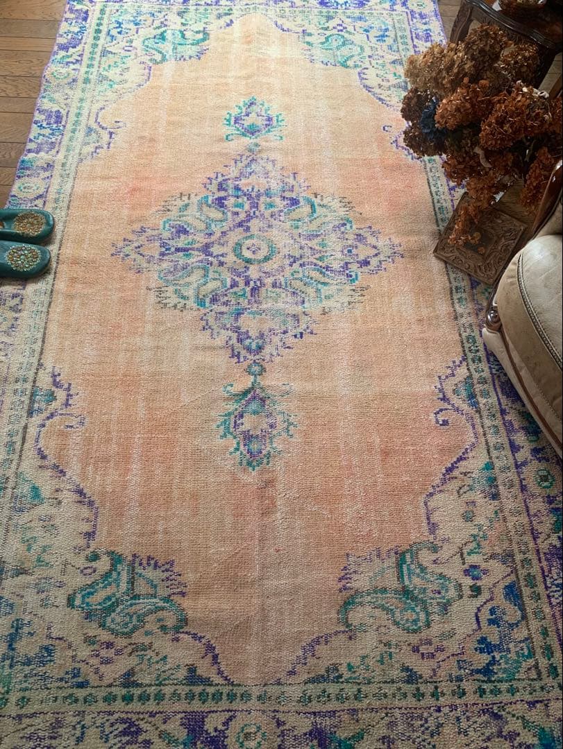 大判　トルコヴィンテージラグ　239×138 オーバーダイ　ペールオレンジ