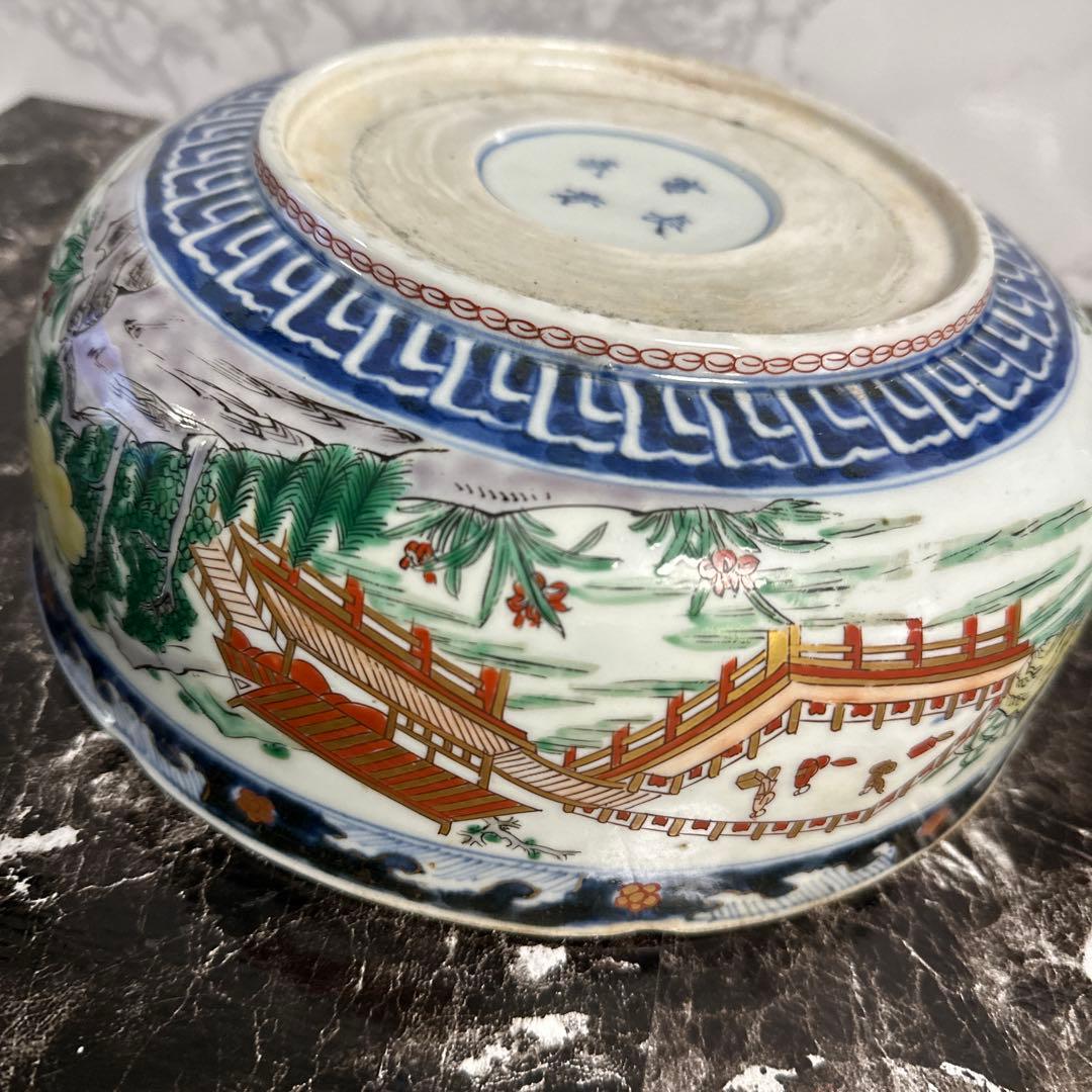 古伊万里、赤絵南蛮船、竜宮図輪花鉢、江戸時代。本物保障。