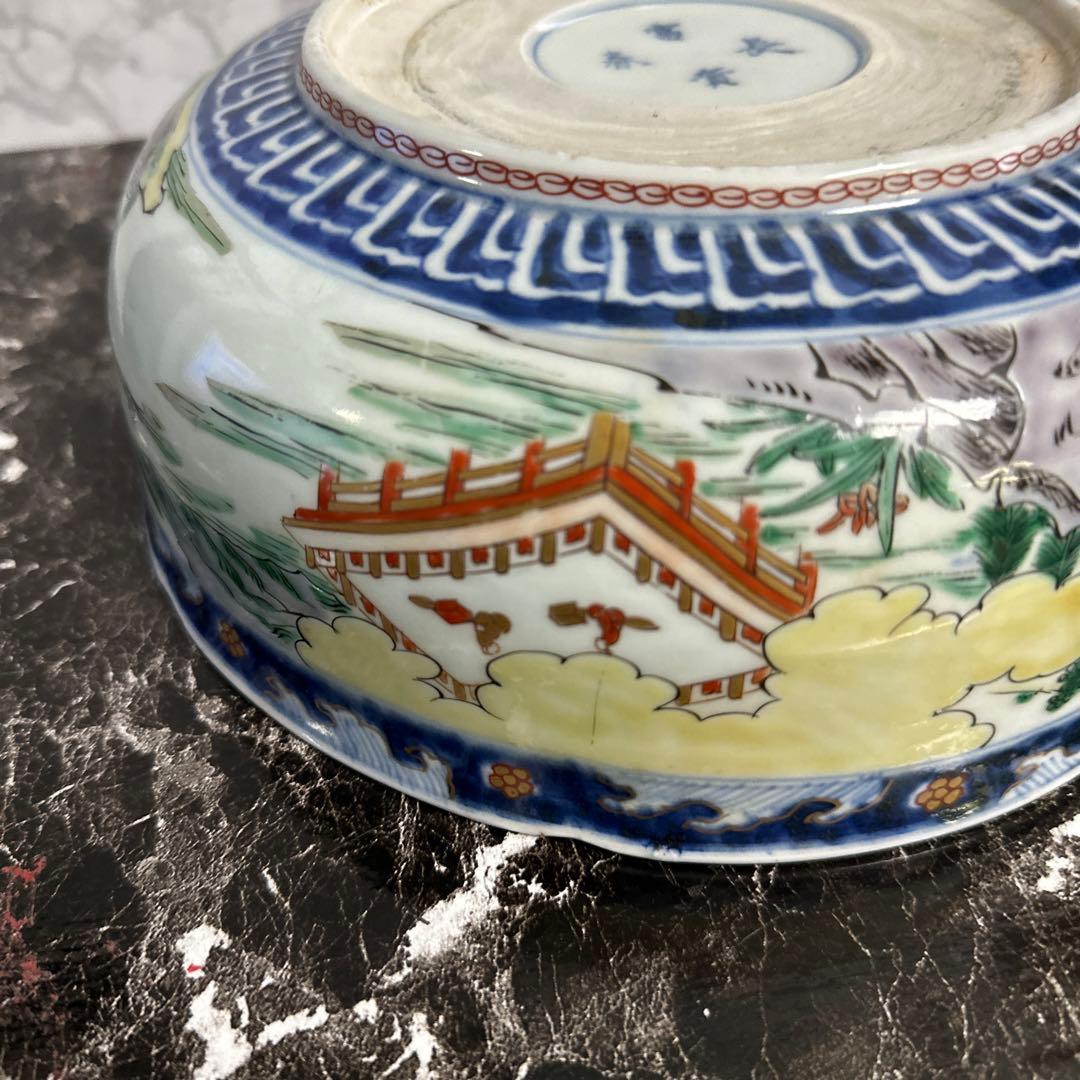 古伊万里、赤絵南蛮船、竜宮図輪花鉢、江戸時代。本物保障。