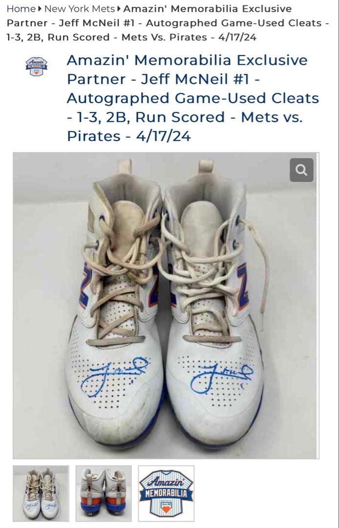 Jeff McNeil ゲーム実使用サイン入りシューズ　MLB