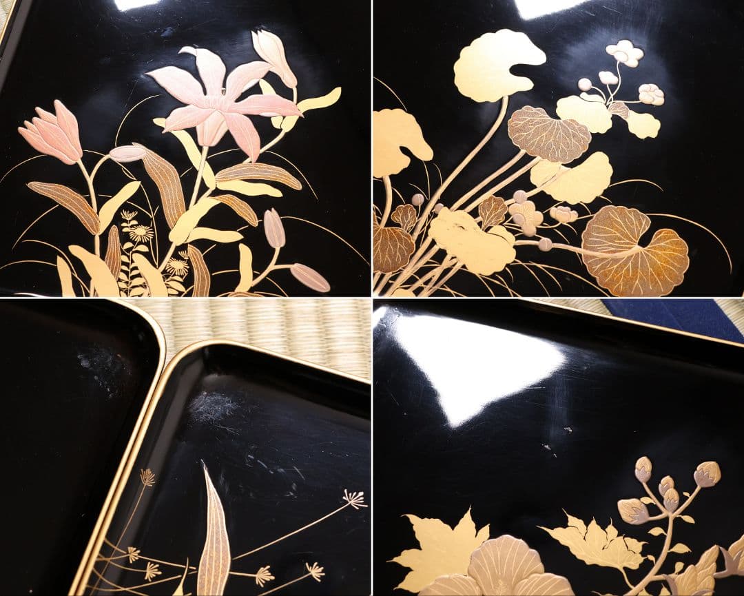 木製漆器 草花 絵変蒔絵 蝋色塗 吸物膳 十客 足付 四方膳 梨地【CM282】