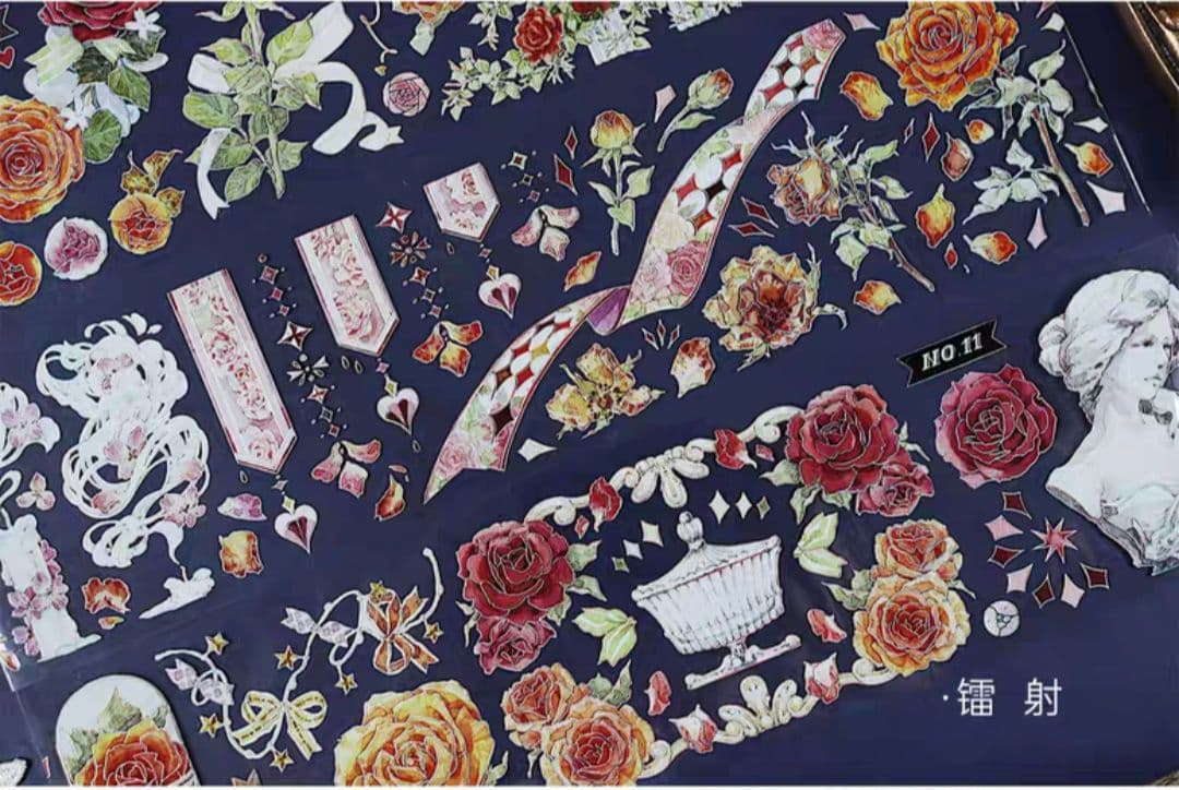 巻売 494★ 海外 マスキングテープ マステ PET 装飾 花 銀ホロ