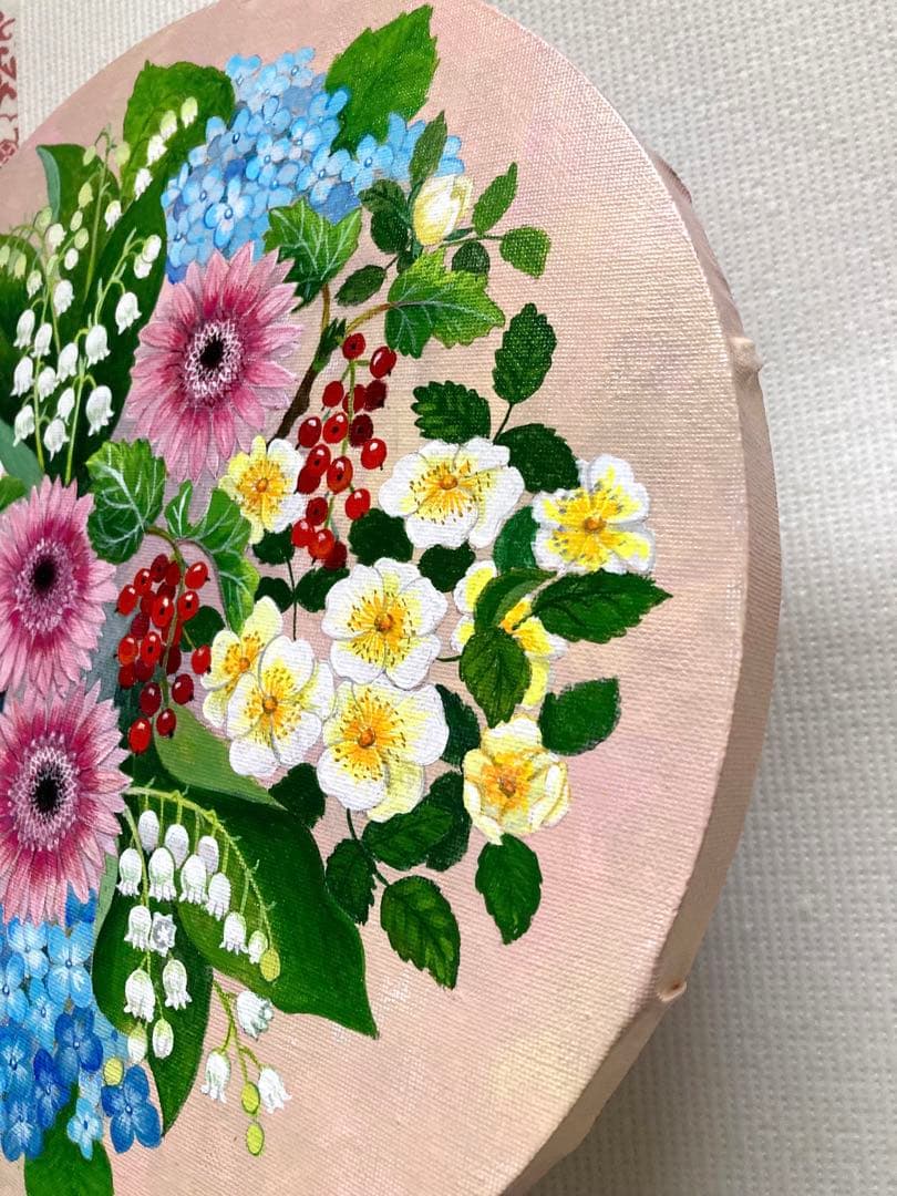 花の絵　アクリル画　原画「スズランとスグリの実のあるアレンジ」30cm