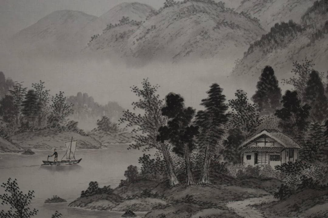 真作/羽田晃雅/水墨山水図/桐共箱二重箱付/布袋屋掛軸HG-593