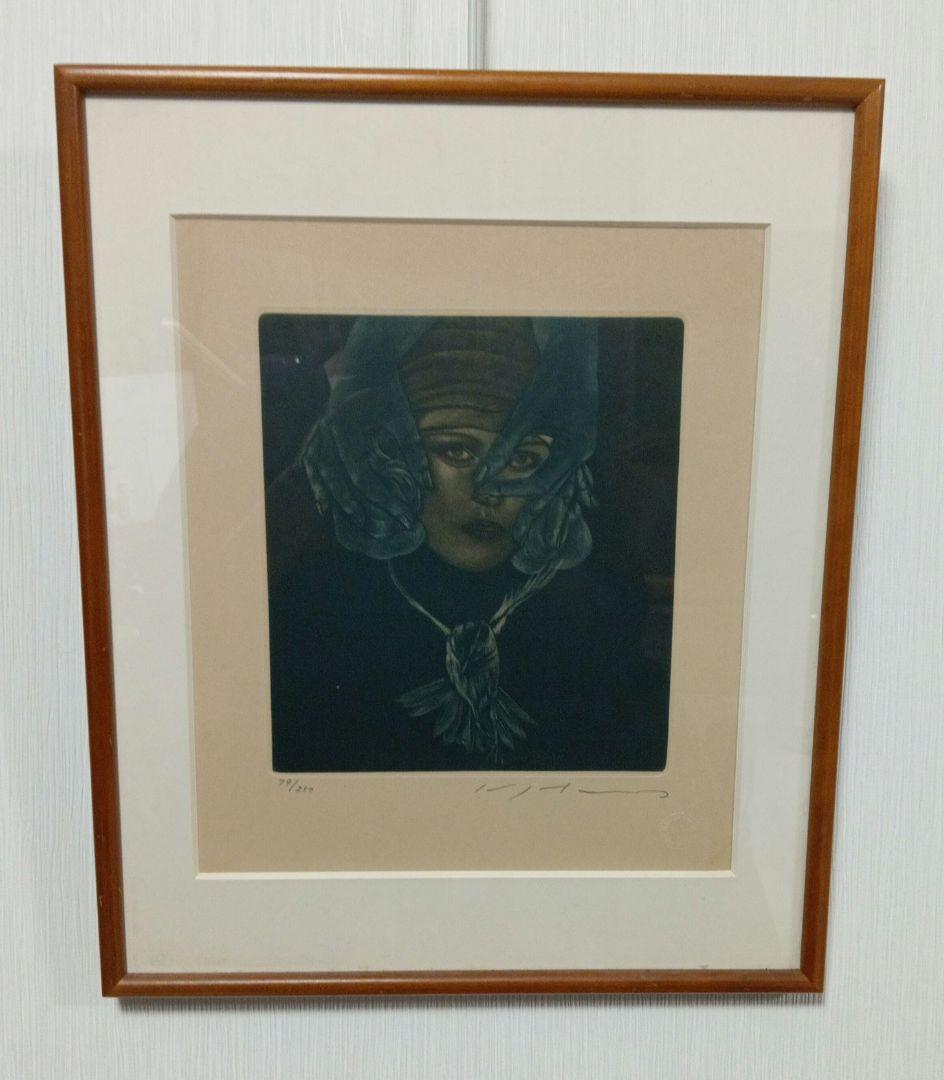 池田満寿夫 メゾチント　鳥のネックレス　79/250 鉛筆サイン入り　真作