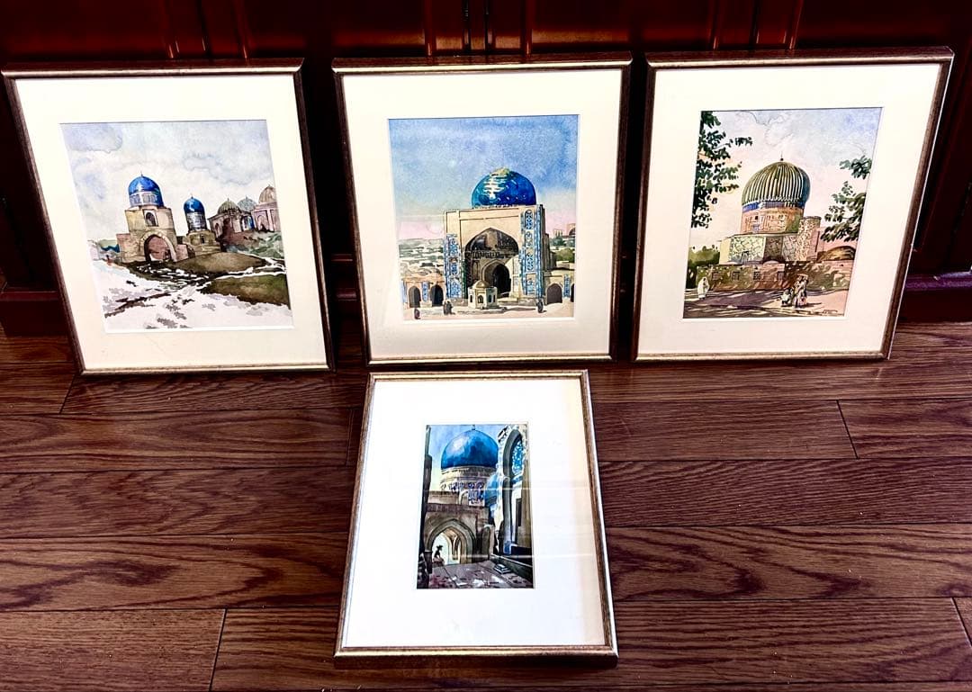 ウズベキスタンのサマルカンド　シャーヒ・ズィンダ廟群　肉筆水彩画　4作　額装