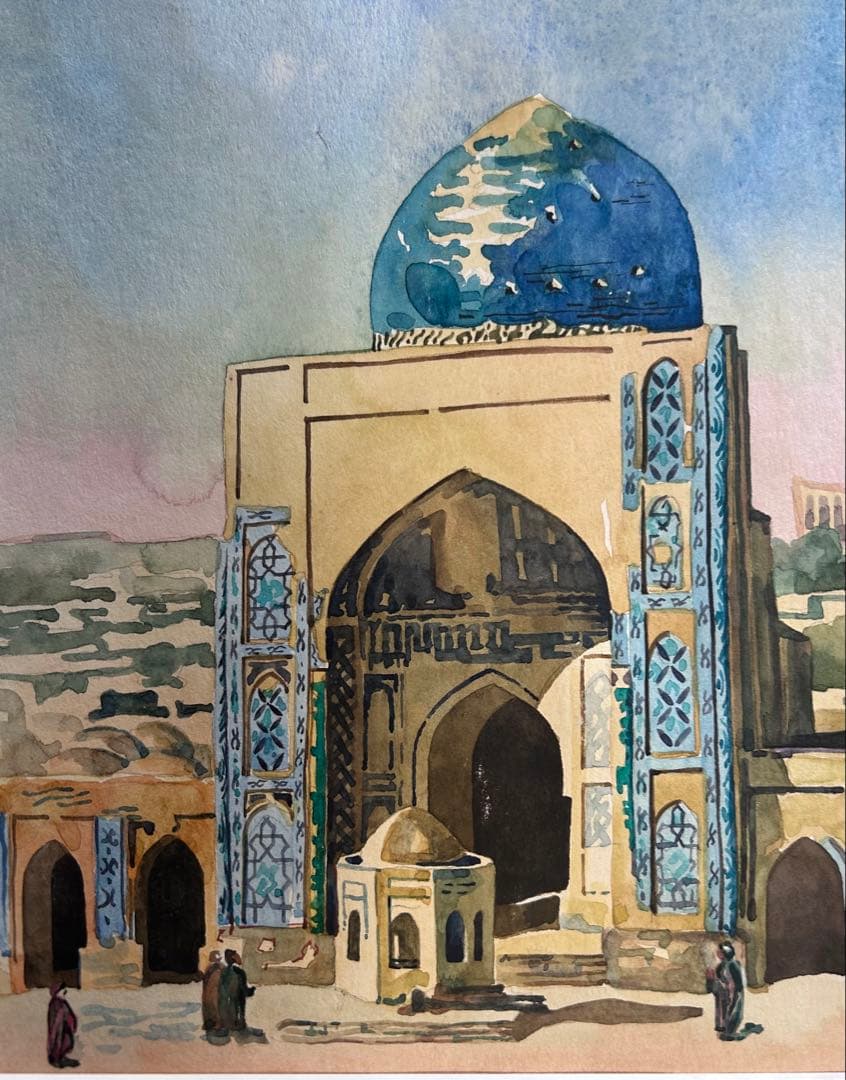 ウズベキスタンのサマルカンド　シャーヒ・ズィンダ廟群　肉筆水彩画　4作　額装