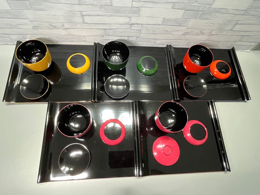 輪島塗　おしるこ椀　吸物椀　小皿　盆　八寸　5客セット　薄手　ポップな色味