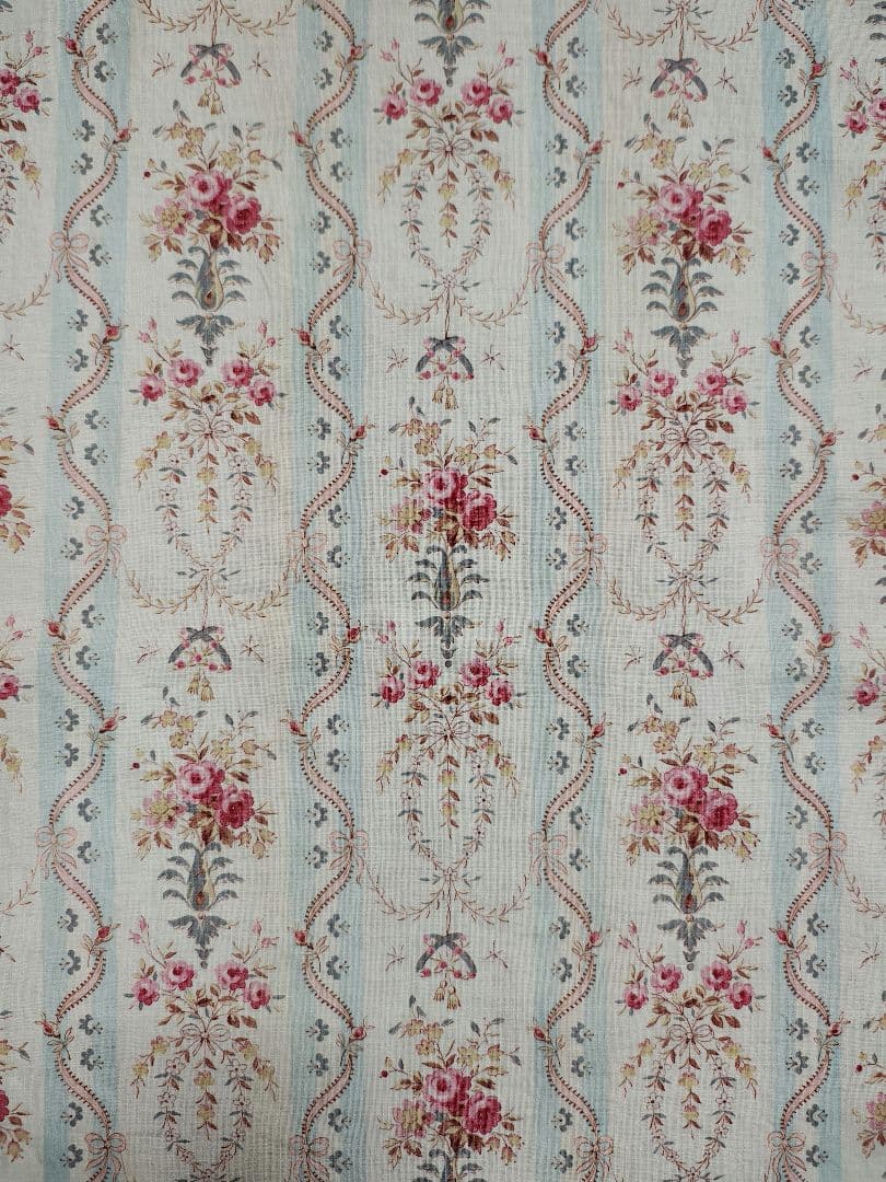 フランス　アンティークファブリック　リボン　ローズ　繊細な柄　100年以上前の布