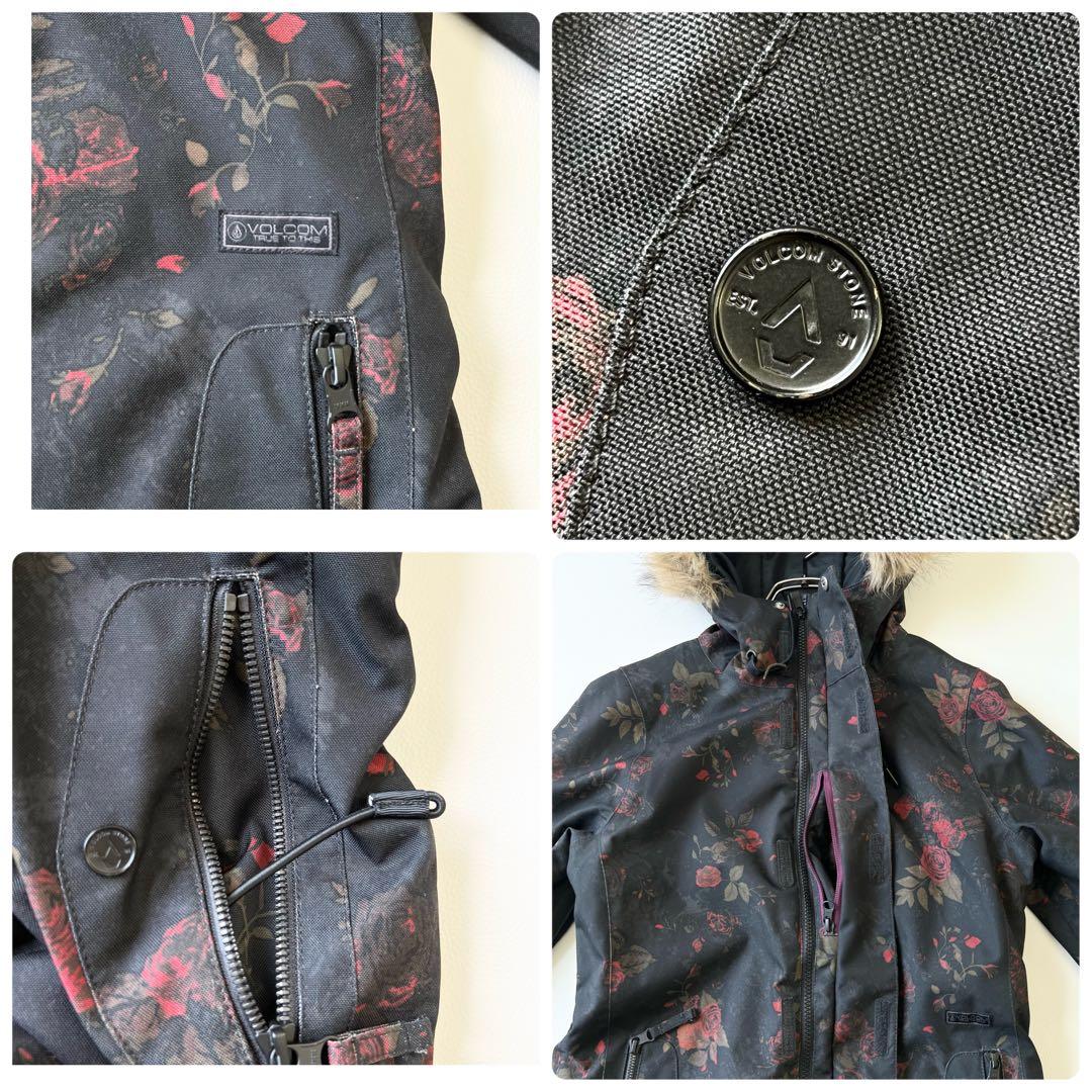 3268 ボルコム　ジャケット ファー付き 花柄 バラ　黒　S