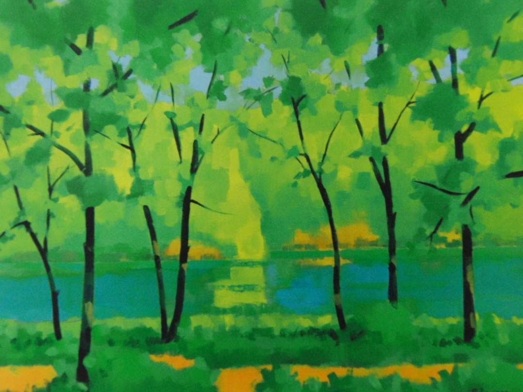 前田利昌、【湖畔の木立】、希少な画集画、新品高級額・額装付、状態良好