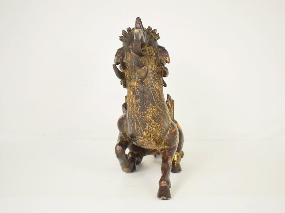 【銅】　★ 文房 銅鍍金坐姿獬豸造像 ★　清朝期　伝説神獣 細密鋳造　雅玩雑項