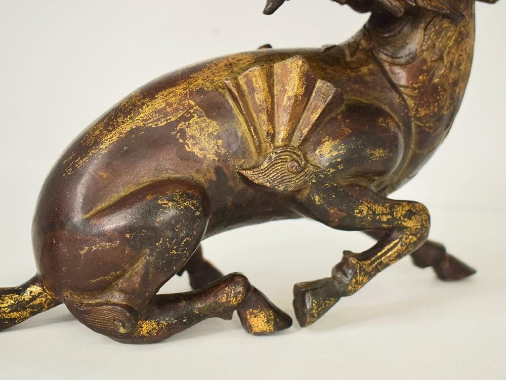 【銅】　★ 文房 銅鍍金坐姿獬豸造像 ★　清朝期　伝説神獣 細密鋳造　雅玩雑項