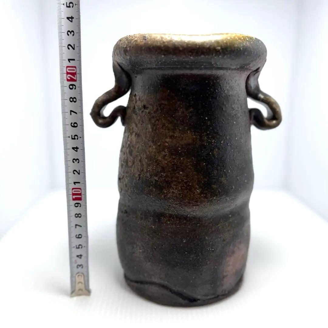 未使用 備前焼 斉藤隆 持ち手付き 花生 花瓶 花器 壺 伝統工芸 美術品